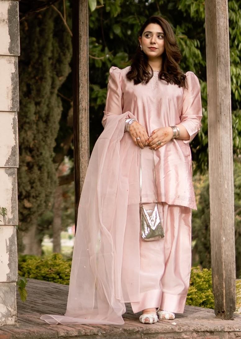 Elegant Baby Pink Organza 3-Piece Suit | Formal/Eid/Party Wear for Women