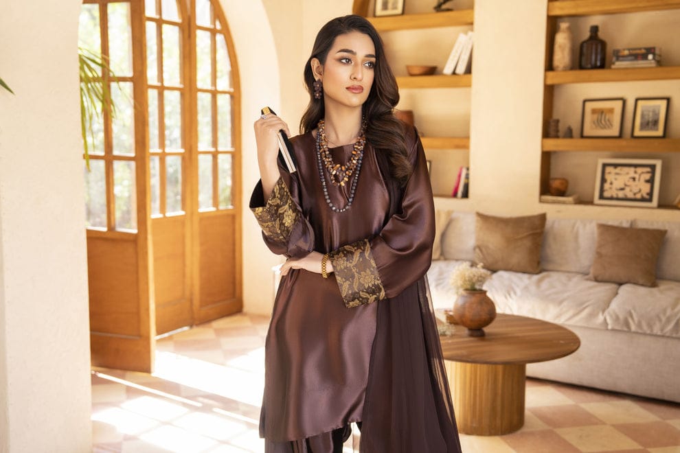 Chocolate Glass Silk 3 Pcs Farshi Shalwar Dress