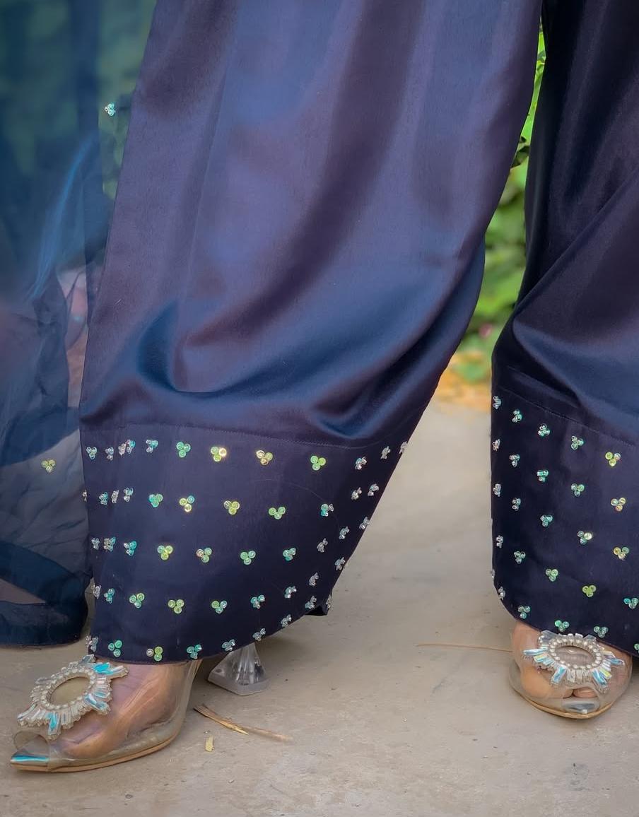 Navy Blue Embellished 3-Piece Organza Suit | Mirror Work Trousers & Dupatta | Formal Festive Wear