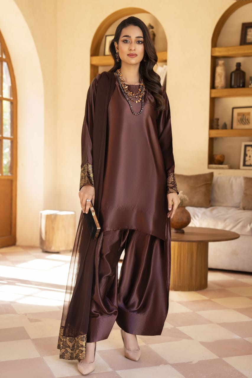 Chocolate Glass Silk 3 Pcs Farshi Shalwar Dress