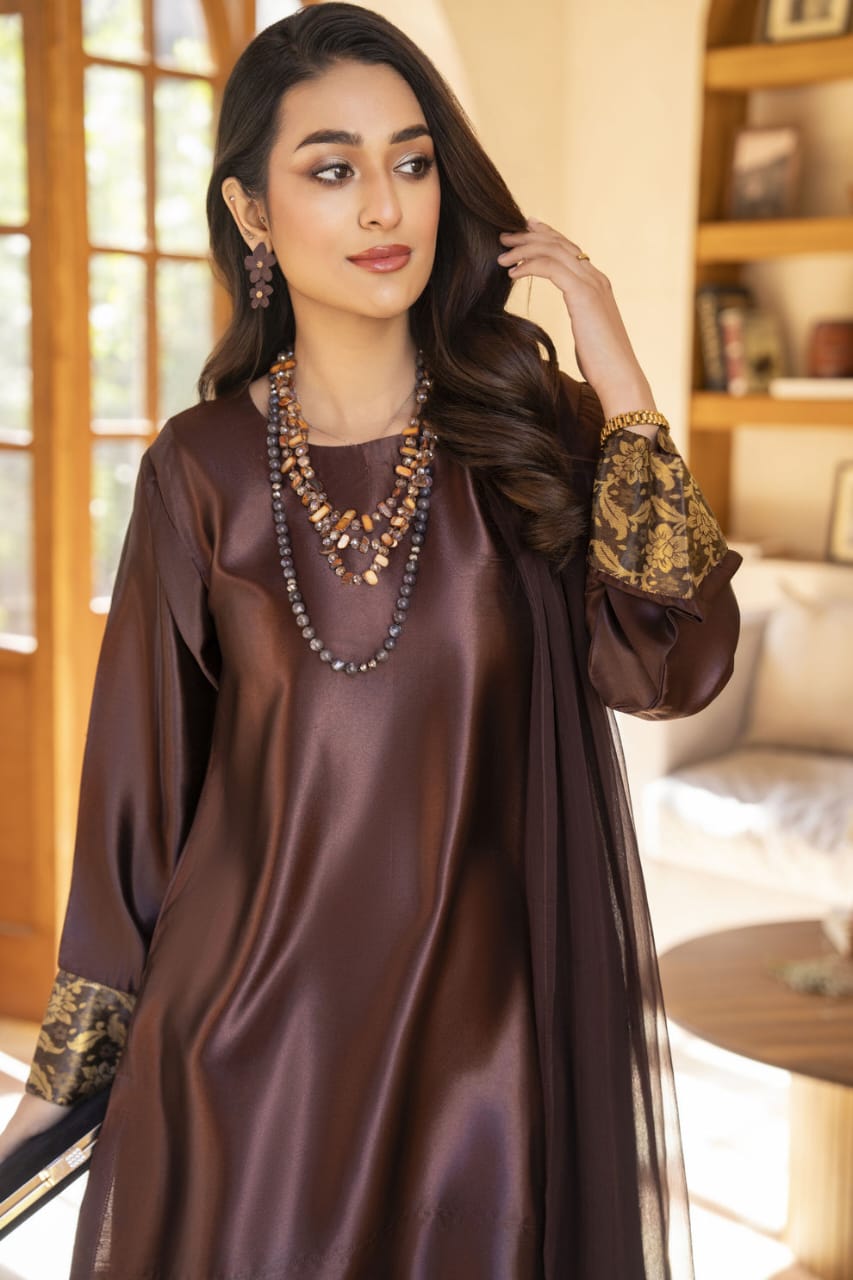 Chocolate Glass Silk 3 Pcs Farshi Shalwar Dress