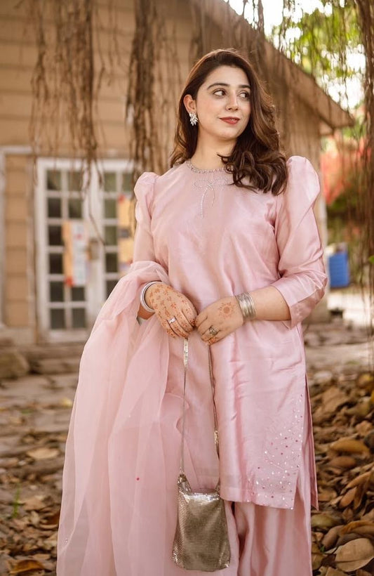 Elegant Baby Pink Organza 3-Piece Suit | Formal/Eid/Party Wear for Women