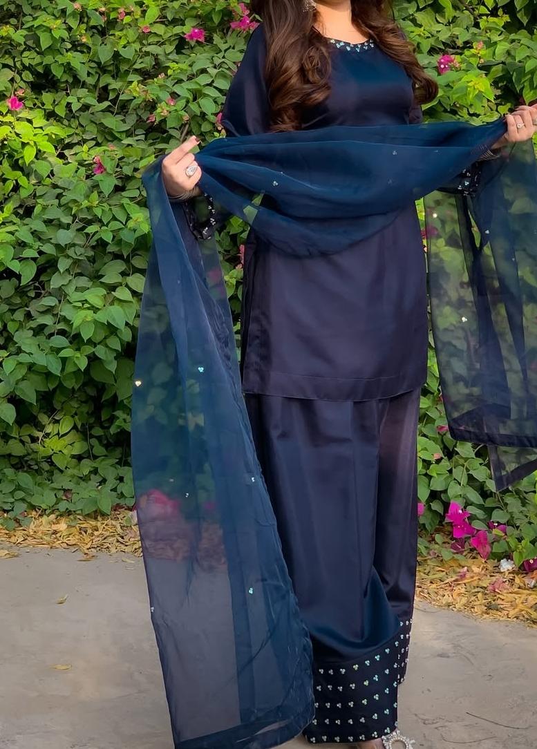 Navy Blue Embellished 3-Piece Organza Suit | Mirror Work Trousers & Dupatta | Formal Festive Wear