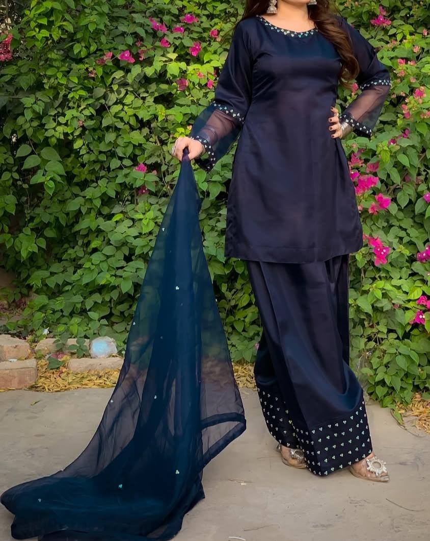 Navy Blue Embellished 3-Piece Organza Suit | Mirror Work Trousers & Dupatta | Formal Festive Wear