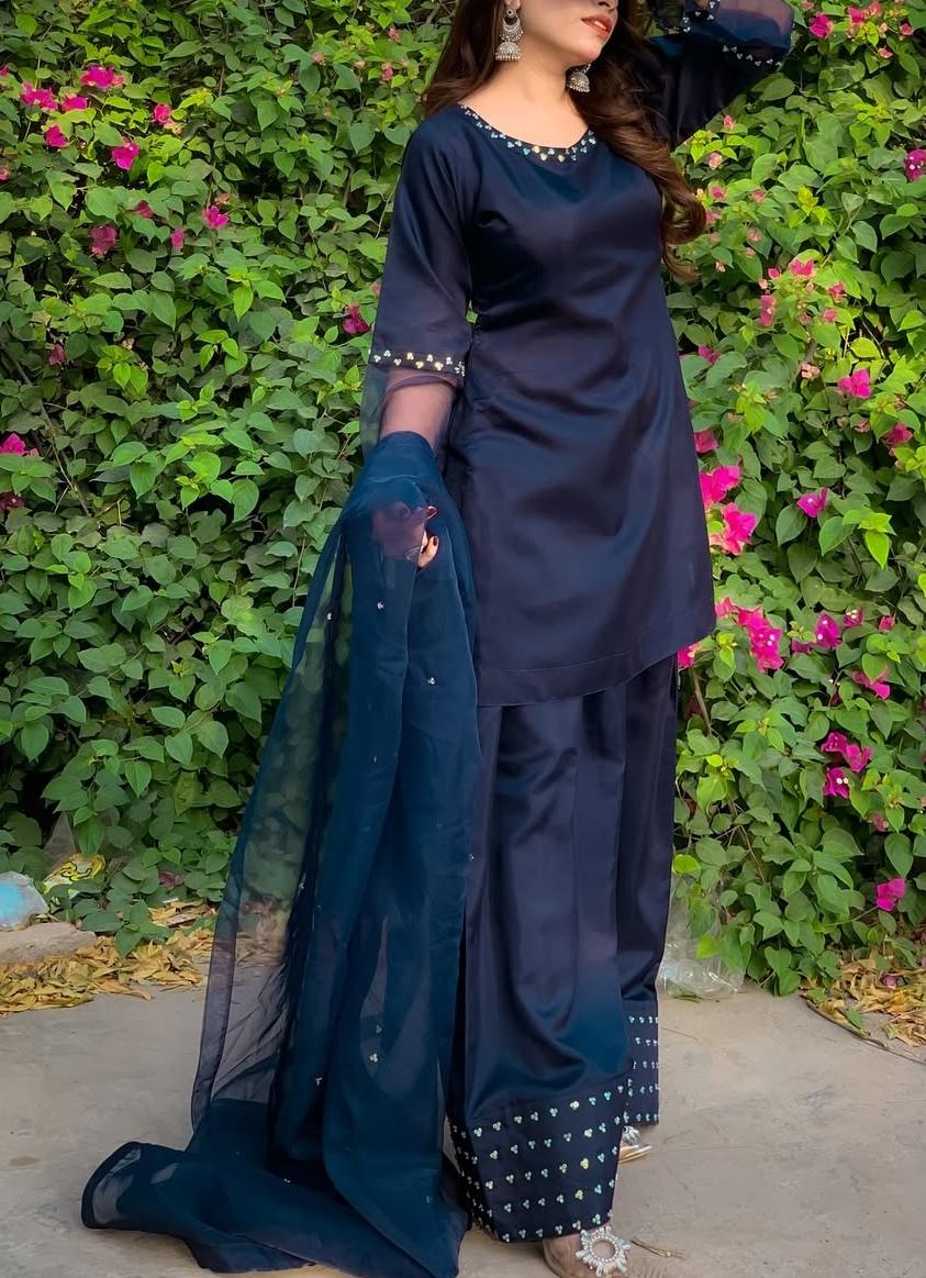 Navy Blue Embellished 3-Piece Organza Suit | Mirror Work Trousers & Dupatta | Formal Festive Wear
