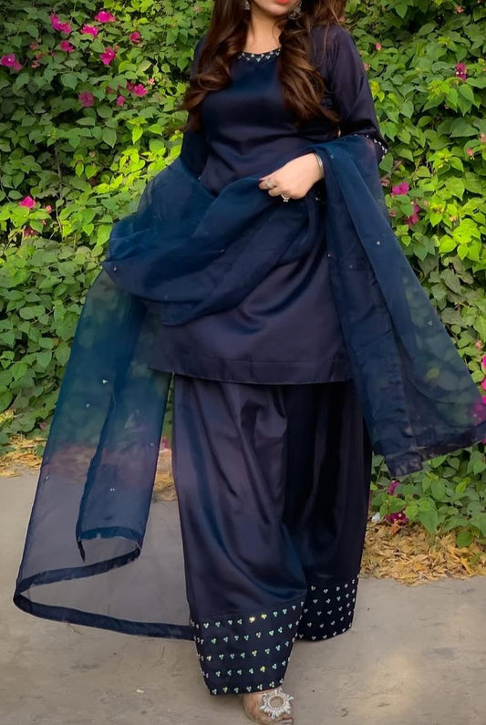 Navy Blue Embellished 3-Piece Organza Suit | Mirror Work Trousers & Dupatta | Formal Festive Wear